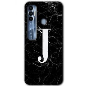 Tecno Spark 7 Pro Siyah Mermer Desenli J Harfi Baskılı Uyumlu Silikon Kılıf