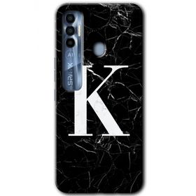 Tecno Spark 7 Pro Siyah Mermer Desenli K Harfi Baskılı Uyumlu Silikon Kılıf