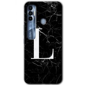 Tecno Spark 7 Pro Siyah Mermer Desenli L Harfi Baskılı Uyumlu Silikon Kılıf