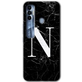 Tecno Spark 7 Pro Siyah Mermer Desenli N Harfi Baskılı Uyumlu Silikon Kılıf