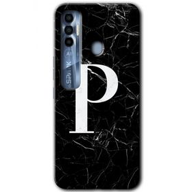 Tecno Spark 7 Pro Siyah Mermer Desenli P Harfi Baskılı Uyumlu Silikon Kılıf