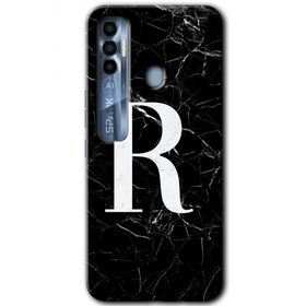 Tecno Spark 7 Pro Siyah Mermer Desenli R Harfi Baskılı Uyumlu Silikon Kılıf