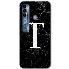 Tecno Spark 7 Pro Siyah Mermer Desenli T Harfi Baskılı Uyumlu Silikon Kılıf
