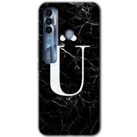 Tecno Spark 7 Pro Siyah Mermer Desenli U Harfi Baskılı Uyumlu Silikon Kılıf