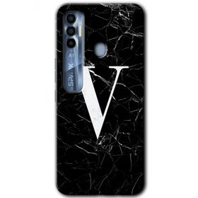 Tecno Spark 7 Pro Siyah Mermer Desenli V Harfi Baskılı Uyumlu Silikon Kılıf