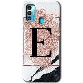 Tecno Spark 7T Pembe Mermer Desenli E Harfi Baskılı Uyumlu Silikon Kılıf