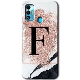 Tecno Spark 7T Pembe Mermer Desenli F Harfi Baskılı Uyumlu Silikon Kılıf