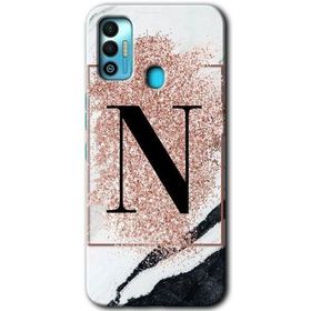 Tecno Spark 7T Pembe Mermer Desenli N Harfi Baskılı Uyumlu Silikon Kılıf