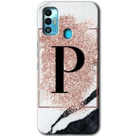 Tecno Spark 7T Pembe Mermer Desenli P Harfi Baskılı Uyumlu Silikon Kılıf