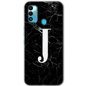 Tecno Spark 7T Siyah Mermer Desenli J Harfi Baskılı Uyumlu Silikon Kılıf