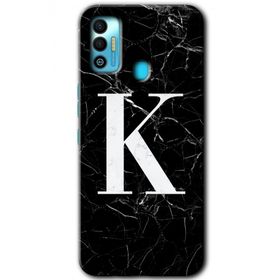 Tecno Spark 7T Siyah Mermer Desenli K Harfi Baskılı Uyumlu Silikon Kılıf