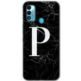 Tecno Spark 7T Siyah Mermer Desenli P Harfi Baskılı Uyumlu Silikon Kılıf