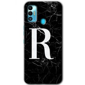 Tecno Spark 7T Siyah Mermer Desenli R Harfi Baskılı Uyumlu Silikon Kılıf