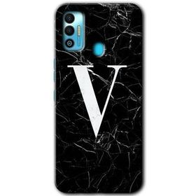 Tecno Spark 7T Siyah Mermer Desenli V Harfi Baskılı Uyumlu Silikon Kılıf