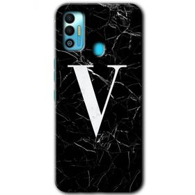 Tecno Spark 7T Siyah Mermer Desenli V Harfi Baskılı Uyumlu Silikon Kılıf
