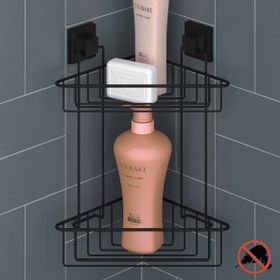 Tekno-Tel EF257 Easyfıx Mat Siyah Yapışkanlı İki Katlı Banyo Köşe Rafı
