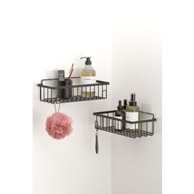 Tekno-Tel ST241 Mat Siyah Yapışkanlı Kancalı 2 Adet Banyo Rafı