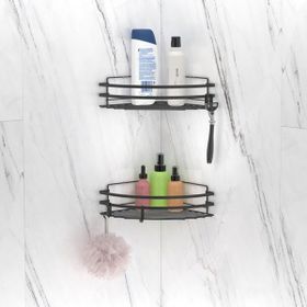 Teknotel ST207H 2'li Yapışkanlı Kancalı Mat Siyah Banyo Köşe Rafı