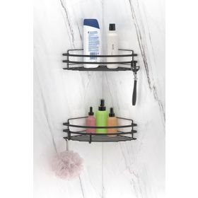 Teknotel ST207H 2'li Yapışkanlı Kancalı Mat Siyah Banyo Köşe Rafı