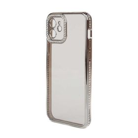 Teleplus Apple iPhone 12 Kamera Korumalı Taşlı Mina Lazer Kapak Gümüş Kılıf