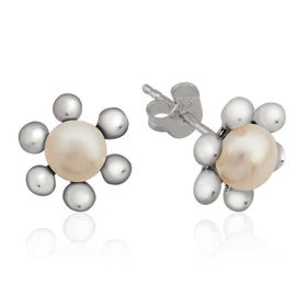 Teleplus Gümüş İnci Çiçek Çivili Küpe