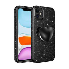 Teleplus iPhone 11 Kamera Korumalı Simli Glitter Soketli Koton Kapak Siyah Kılıf