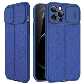 Teleplus iPhone 12 Pro Lensi Kamera Korumalı Deri Dokulu Silikon Lacivert Kılıf