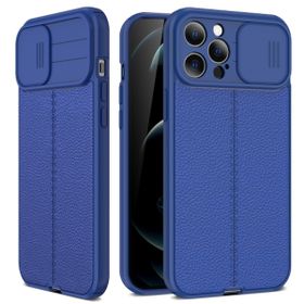 Teleplus iPhone 12 Pro Lensi Kamera Korumalı Deri Dokulu Silikon Lacivert Kılıf