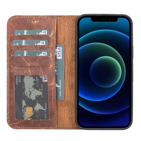 Teleplus iPhone 12 Pro Max Hakiki Deri 2-1 Kartlıklı Cüzdan Kahverengi Kılıf