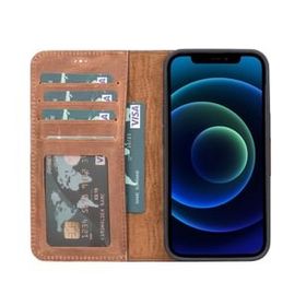 Teleplus iPhone 13 Hakiki Deri 2-1 Kartlıklı Cüzdan Kahverengi Kılıf