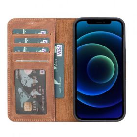 Teleplus iPhone 13 Hakiki Deri 2-1 Kartlıklı Cüzdan Kahverengi Kılıf