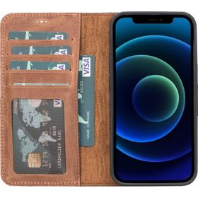 Teleplus iPhone 13 Hakiki Deri 2-1 Kartlıklı Cüzdan Kahverengi Kılıf