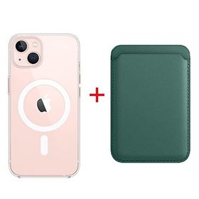 Teleplus iPhone 13 Manyetik Kristal Wiriless Destekli Sert Kapak Silikon Manyetik Kartlıklı Kılıf Yeşil Cep Telefonu Kılıfı