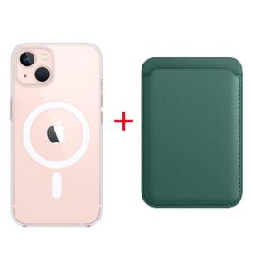 Teleplus iPhone 13 Manyetik Kristal Wiriless Destekli Sert Kapak Silikon Manyetik Kartlıklı Kılıf Yeşil Cep Telefonu Kılıfı