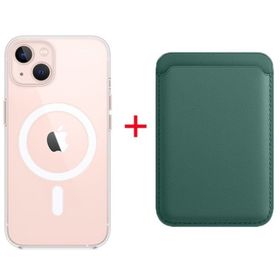 Teleplus iPhone 13 Manyetik Kristal Wiriless Destekli Sert Kapak Silikon Manyetik Kartlıklı Kılıf Yeşil Cep Telefonu Kılıfı