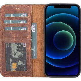 Teleplus iPhone 13 Pro Hakiki Deri 2-1 Kartlıklı Cüzdan Kahverengi Kılıf