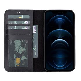 Teleplus iPhone 13 Pro Max Hakiki Deri 2-1 Kartlıklı Cüzdan Siyah Kılıf