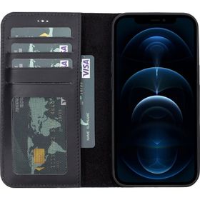 Teleplus iPhone 13 Pro Max Hakiki Deri 2-1 Kartlıklı Cüzdan Siyah Kılıf
