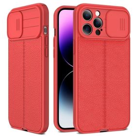 Teleplus iPhone 14 Pro Lensi Kamera Korumalı Deri Dokulu Silikon Kırmızı Kılıf