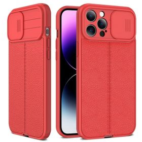 Teleplus iPhone 14 Pro Max Lensi Kamera Korumalı Deri Dokulu Silikon Kırmızı Kılıf