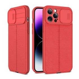 Teleplus iPhone 14 Pro Max Lensi Kamera Korumalı Deri Dokulu Silikon Kırmızı Kılıf