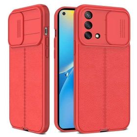 Teleplus Oppo A74 4G Lensi Kamera Korumalı Deri Dokulu Silikon Kırmızı Kılıf