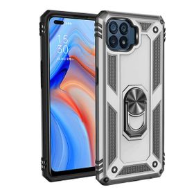 Teleplus Oppo Reno4 Lite Vega Yüzüklü Çift Katmanlı Tank Kapak Gümüş Nano Glass Ekran Koruyucu Cep Telefonu Kılıfı