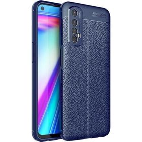 Teleplus Realme 7 Deri Dokulu Silikon Nano Ekran Koruyucu Lacivert Kılıf