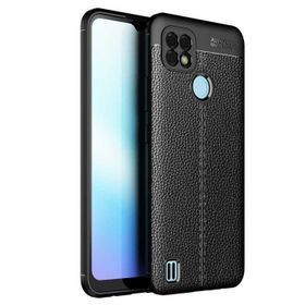 Teleplus Realme C25S Kamera Korumalı Deri Dokulu Silikon Siyah Nano Ekran Koruyucu Cep Telefonu Kılıfı
