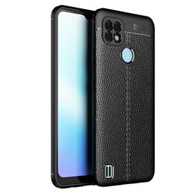 Teleplus Realme C25S Kamera Korumalı Deri Dokulu Silikon Siyah Nano Ekran Koruyucu Cep Telefonu Kılıfı