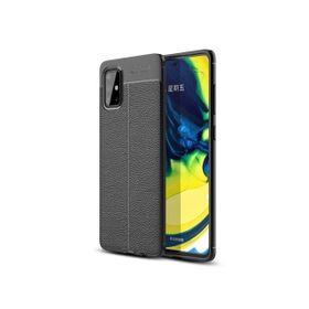 Teleplus Samsung Galaxy A71 Deri Dokulu Siyah Silikon Cep Telefonu Kılıf