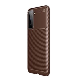 Teleplus Samsung Galaxy S21 Plus 5G Kılıf Karbon Dokulu Negro Silikon Kahverengi + Tam Kapatan Ekran Koruyucu + Kamera Koruyucu Kılıf