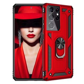 Teleplus Samsung Galaxy S21 Ultra 5g Vega Yüzüklü Standlı Tank Kapak Kırmızı Cep Telefonu Kılıfı
