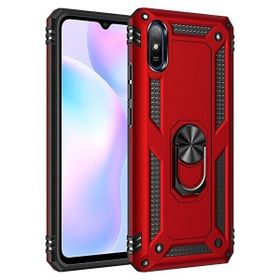 Teleplus Xiaomi Redmi 9A Kılıf Vega Yüzüklü Çift Katmanlı Tank Kapak Kırmızı Nano Ekran Koruyucu